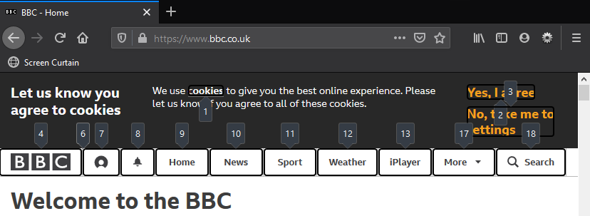 BBC homepage showing tab order
